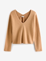Camel Brown Premium 100% Cashmere V-Neck Knitted Jumper - Image 6 of 8