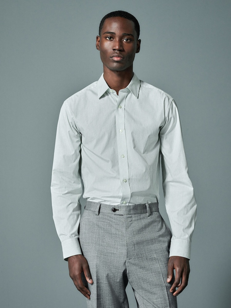 Green Stripe Regular Fit 100% Cotton Long Sleeve Formal Cutaway Collar Shirt - Image 2 of 7