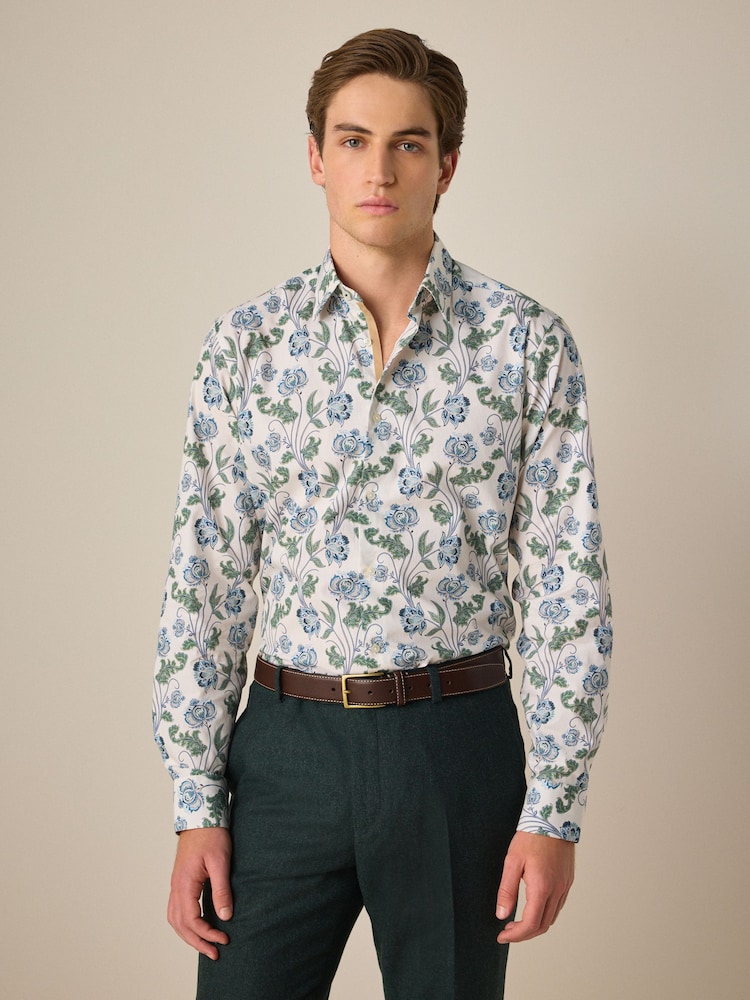 White/Multi Colour Floral Print Regular Fit 100% Cotton Single Cuff Formal Shirt - Image 1 of 8
