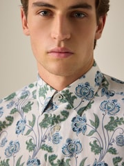 White/Multi Colour Floral Print Regular Fit 100% Cotton Single Cuff Formal Shirt - Image 4 of 8