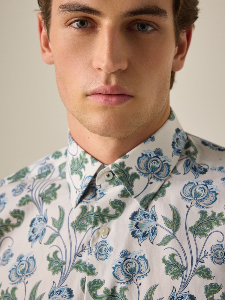 White/Multi Colour Floral Print Regular Fit 100% Cotton Single Cuff Formal Shirt - Image 4 of 8