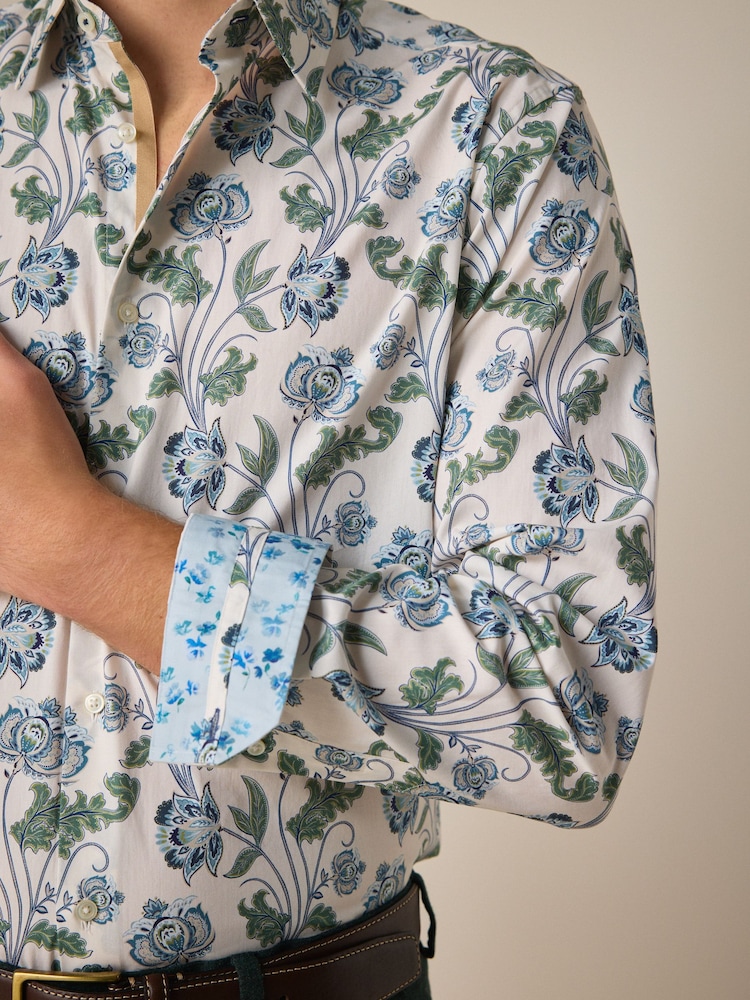 White/Multi Colour Floral Print Regular Fit 100% Cotton Single Cuff Formal Shirt - Image 5 of 8