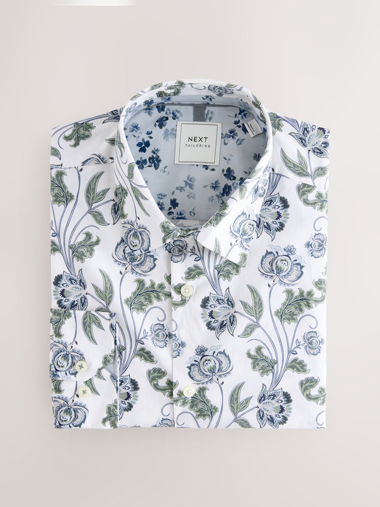 White/Multi Colour Floral Print Regular Fit 100% Cotton Single Cuff Formal Shirt - Image 6 of 8