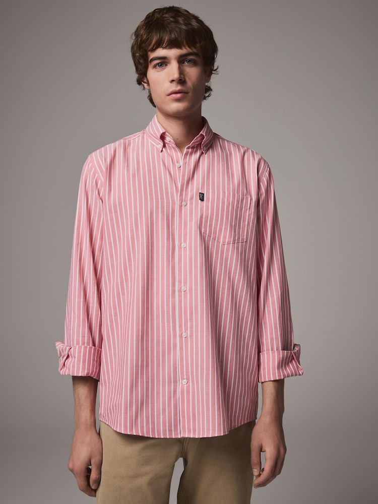 Coral Pink Stripe Regular Fit Easy Iron Button Down Oxford Shirt - Image 2 of 5