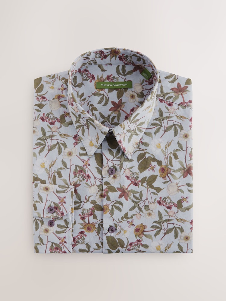 Purple Regular Fit Kew Collection 100% Cotton Floral Long Sleeve Single Cuff Shirt - Image 1 of 3