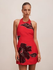 Forever New Red Corinna Printed Halter Neck Mini Dress Contains Linen - Image 1 of 5