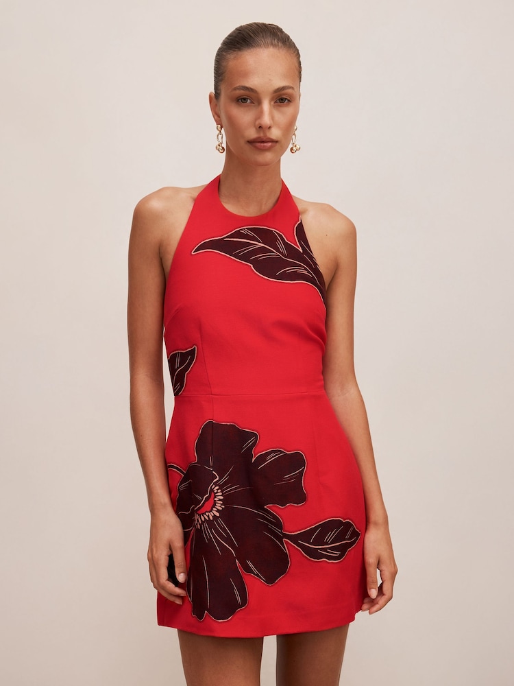 Forever New Red Corinna Printed Halter Neck Mini Dress Contains Linen - Image 1 of 5