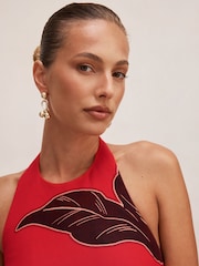 Forever New Red Corinna Printed Halter Neck Mini Dress Contains Linen - Image 3 of 5