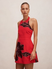 Forever New Red Corinna Printed Halter Neck Mini Dress Contains Linen - Image 4 of 5