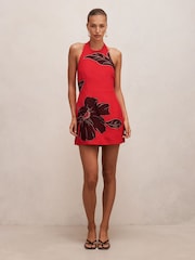 Forever New Red Corinna Printed Halter Neck Mini Dress Contains Linen - Image 5 of 5
