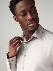 Neutral Brown Regular Fit Long Sleeve Single Cuff Textured Shirt - Image 1 of 7