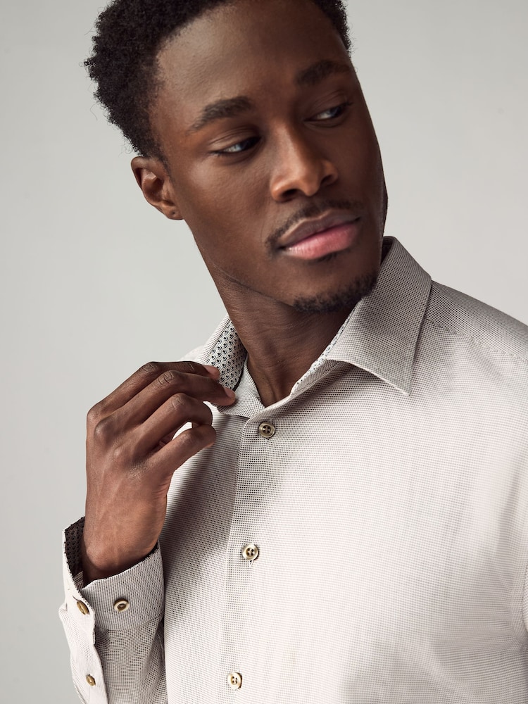 Neutral Brown Regular Fit Long Sleeve Single Cuff Textured Shirt - Image 1 of 7