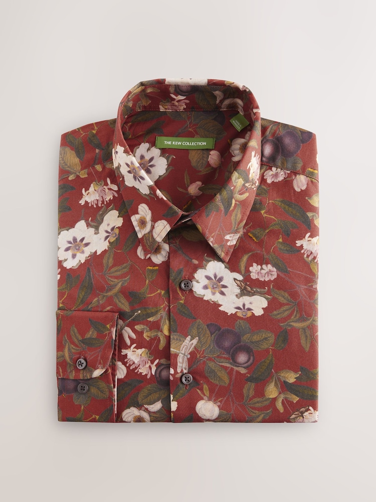 Rust Brown Regular Fit Kew Collection 100% Cotton Floral Long Sleeve Single Cuff Shirt - Image 1 of 3