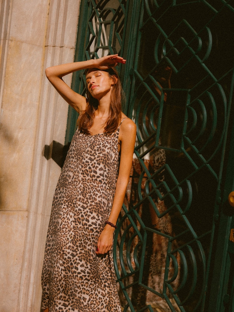 VERO MODA Brown Leopard Print Midi Cami Summer Dress - Image 1 of 7