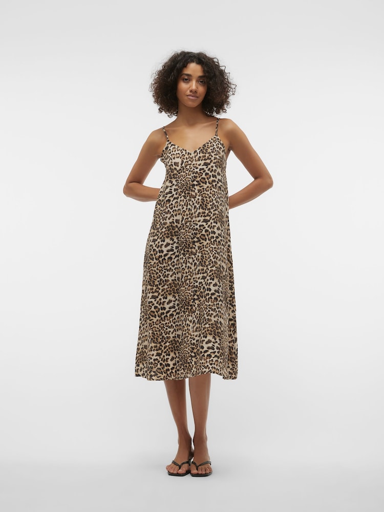 VERO MODA Brown Leopard Print Midi Cami Summer Dress - Image 2 of 7