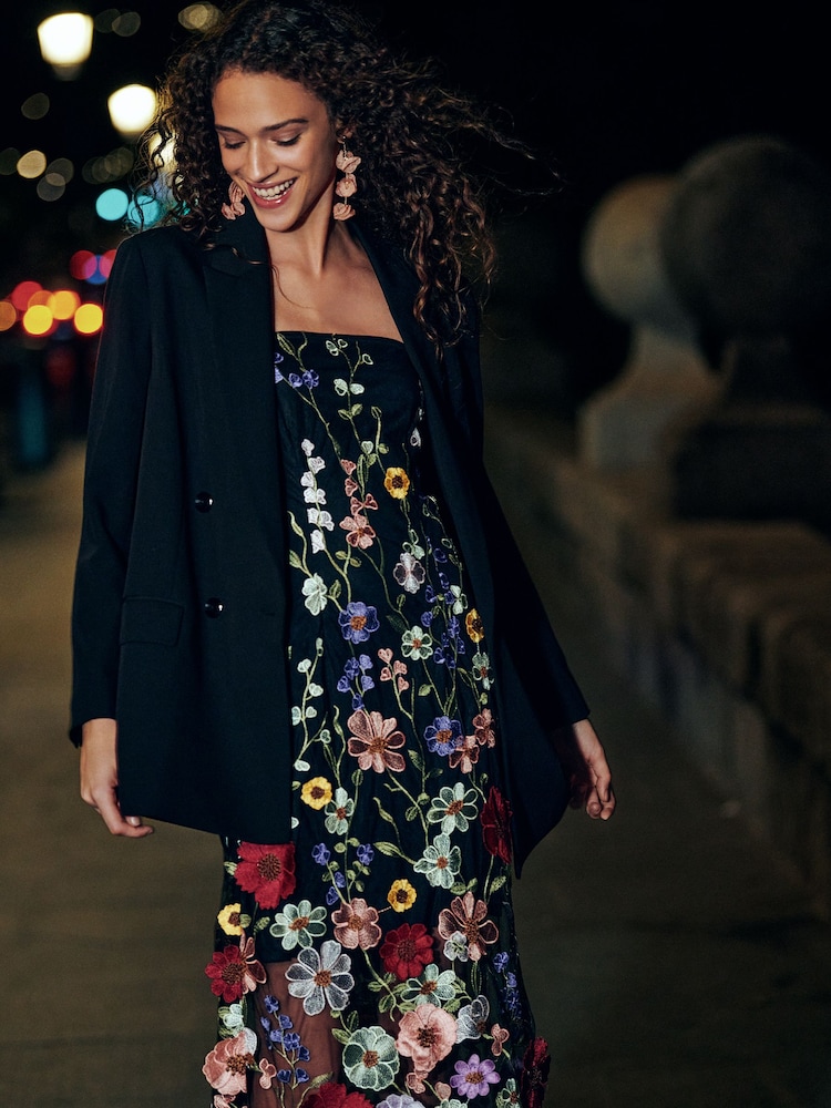 Black/Multi 3D Floral and Embroidered Mesh Bandeau Maxi Dress - Image 1 of 6