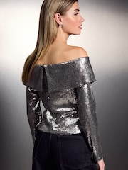 Grey Sequin Bardot Top - Image 3 of 8
