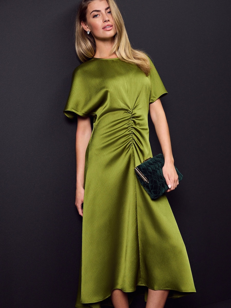 Green Ruched Satin Crinkle Midi Dress - Image 2 of 4