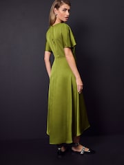 Green Ruched Satin Crinkle Midi Dress - Image 3 of 4