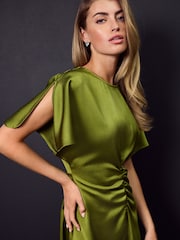 Green Ruched Satin Crinkle Midi Dress - Image 4 of 4