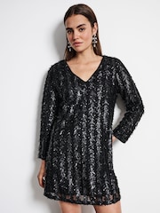 Black Long Sleeve V-Neck Fringe Sequin Mini Dress - Image 1 of 6