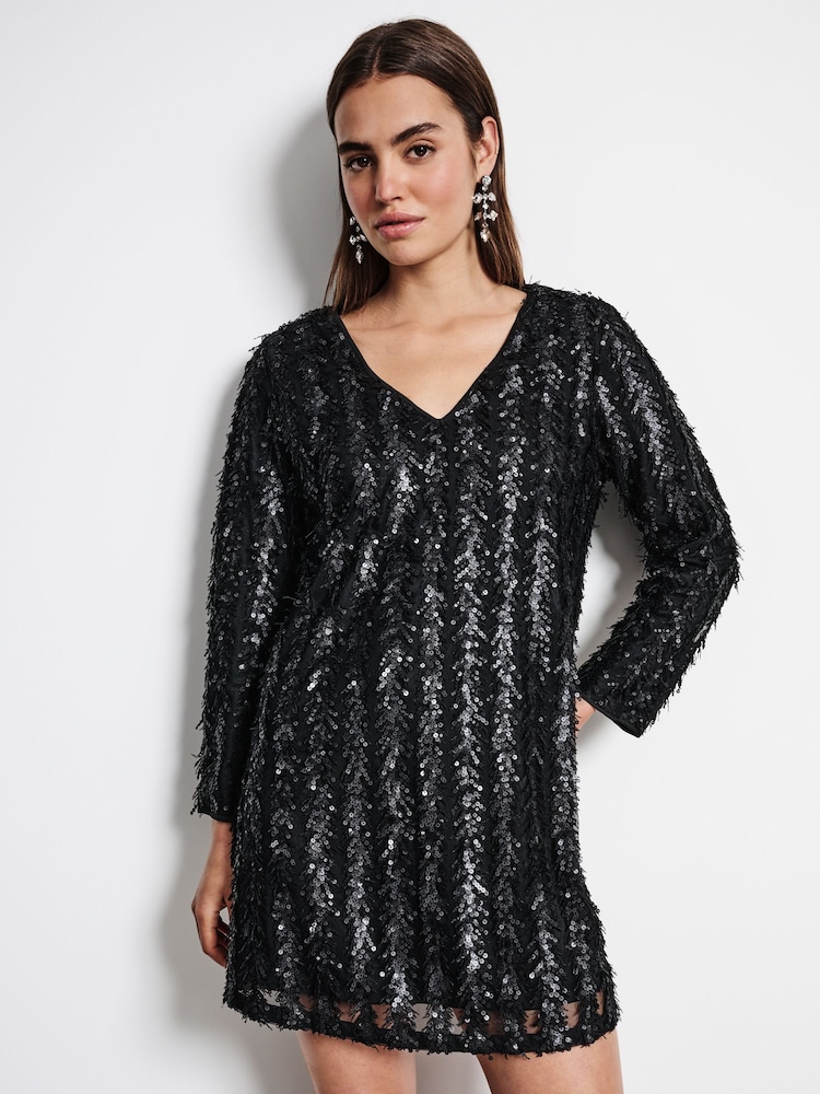 Black Long Sleeve V-Neck Fringe Sequin Mini Dress - Image 1 of 6