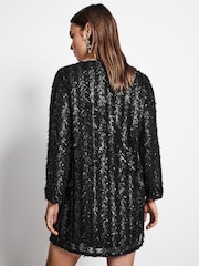Black Long Sleeve V-Neck Fringe Sequin Mini Dress - Image 2 of 6