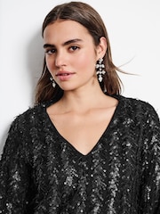 Black Long Sleeve V-Neck Fringe Sequin Mini Dress - Image 3 of 6