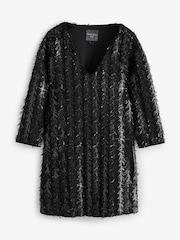 Black Long Sleeve V-Neck Fringe Sequin Mini Dress - Image 4 of 6