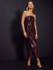Burgundy Red Feather Sequin Bandeau Maxi Dress - Image 1 of 7