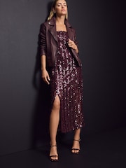 Burgundy Red Feather Sequin Bandeau Maxi Dress - Image 2 of 7
