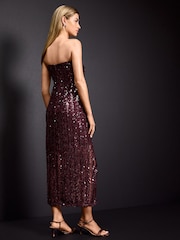 Burgundy Red Feather Sequin Bandeau Maxi Dress - Image 3 of 7