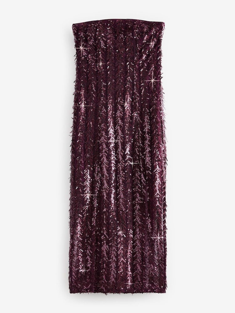 Burgundy Red Feather Sequin Bandeau Maxi Dress - Image 5 of 7