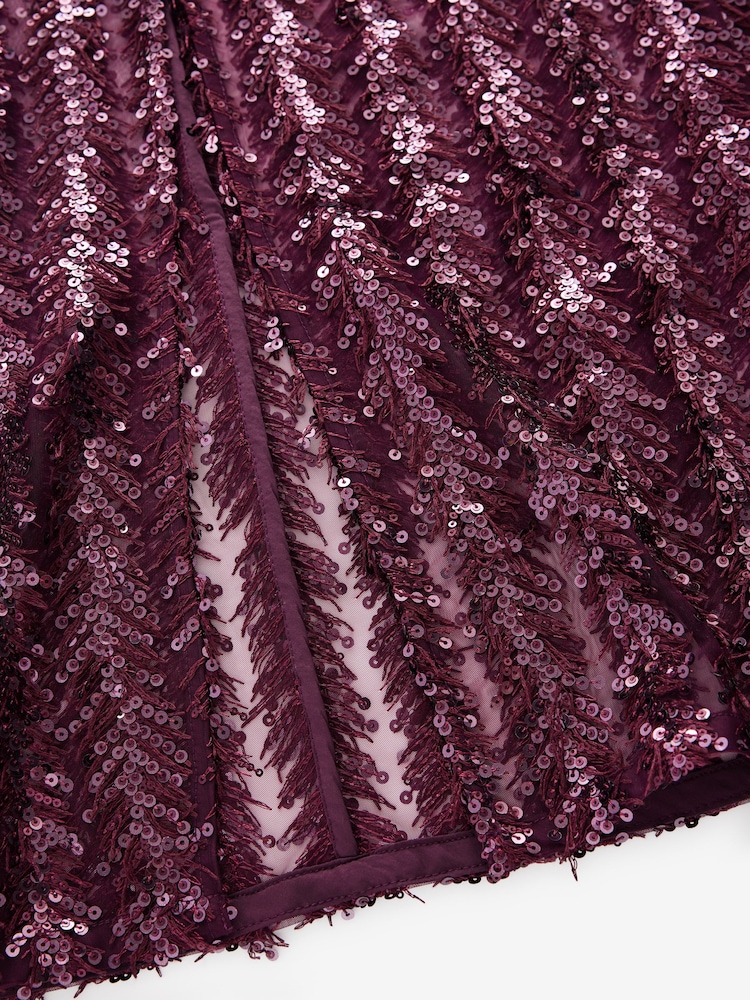 Burgundy Red Feather Sequin Bandeau Maxi Dress - Image 6 of 7