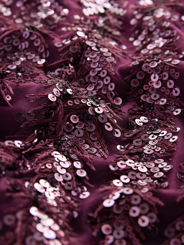 Burgundy Red Feather Sequin Bandeau Maxi Dress - Image 7 of 7