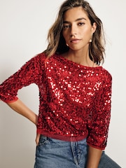Red Sequin Quarter Sleeve Mesh Top - Image 1 of 8