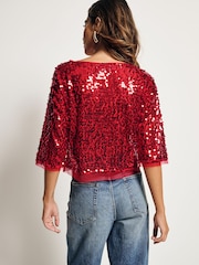 Red Sequin Quarter Sleeve Mesh Top - Image 2 of 8