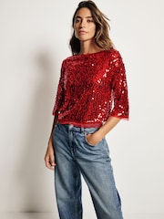 Red Sequin Quarter Sleeve Mesh Top - Image 3 of 8