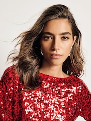 Red Sequin Quarter Sleeve Mesh Top - Image 4 of 8
