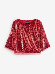 Red Sequin Quarter Sleeve Mesh Top - Image 5 of 8