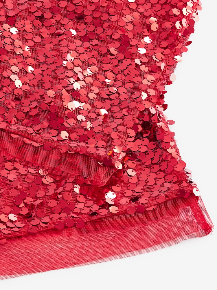 Red Sequin Quarter Sleeve Mesh Top - Image 6 of 8