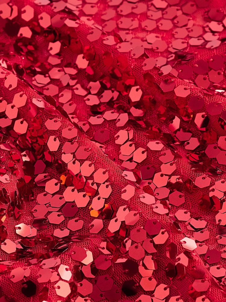 Red Sequin Quarter Sleeve Mesh Top - Image 8 of 8