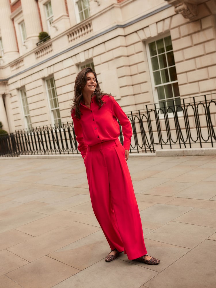 Red Elastic Back Wide Leg Trousers - Image 1 of 8 Red Elastic Back Wide Leg Trousers - Image 1 of 8