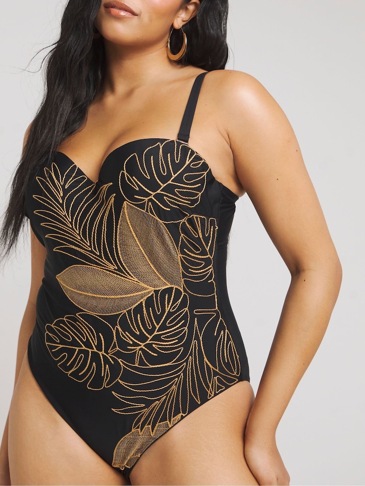 Simply Be Black Magisculpt Embroidered Bandeau Swimsuit - Image 1 of 4