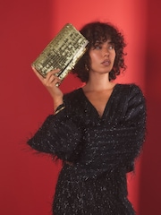 Gold Sequin Clutch Bag With Detachable Cross-Body Chain - Image 1 of 9