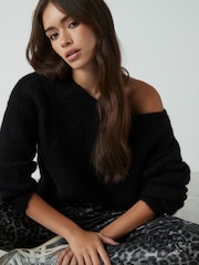 Black Soft Touch Bardot Off The Shoulder Knitted Jumper with Alpaca - Image 1 of 9