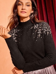 Love & Roses Christmas Black Sequin Snowflake Cosy Crew Neck Longline Jumper - Image 1 of 4