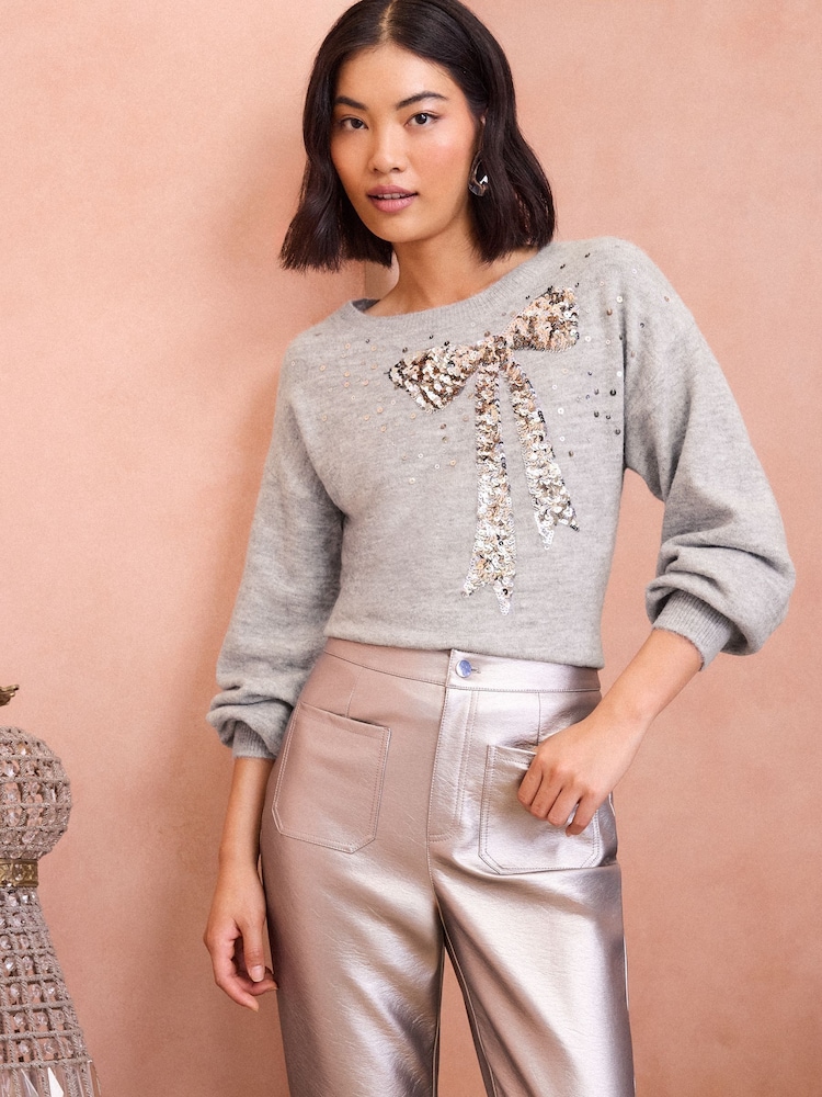 Love & Roses Christmas Bow Sequin Grey Cosy Crew Neck Jumper - Image 1 of 4