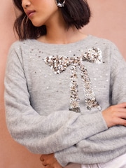 Love & Roses Christmas Bow Sequin Grey Cosy Crew Neck Jumper - Image 2 of 4