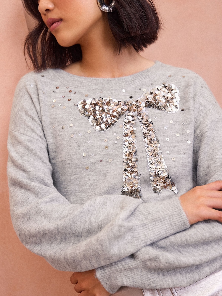Love & Roses Christmas Bow Sequin Grey Cosy Crew Neck Jumper - Image 2 of 4